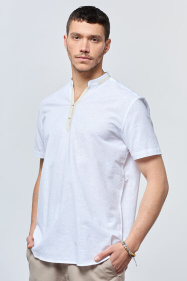 חולצת גלביה בשילוב פשתן Piping - לבן