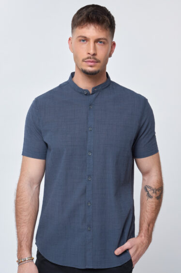 חולצה מכופתרת גריד אפקט קמטים צווארון סיני