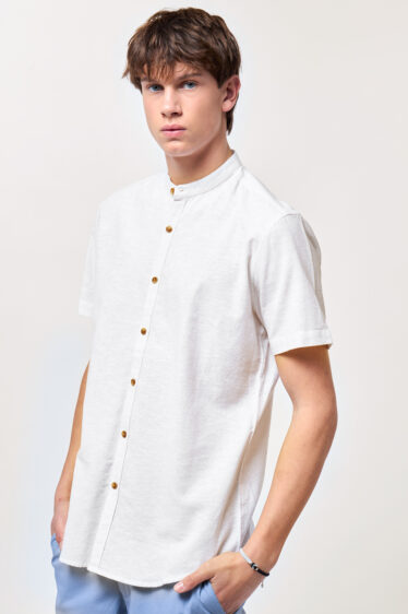 חולצה מכופתרת בשילוב פשתן צווארון סיני - פסים בהיר