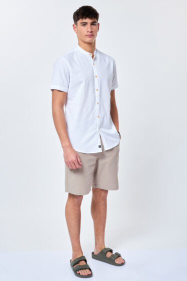 חולצה מכופתרת בשילוב פשתן צווארון סיני - לבן