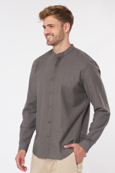 חולצה מכופתרת צווארון סיני בשילוב פשתן - חום