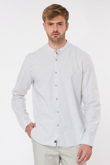 חולצה מכופתרת צווארון סיני בשילוב פשתן - אפרפר