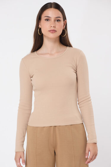 חולצת בייסיק ריב שרוול ארוך - אבן