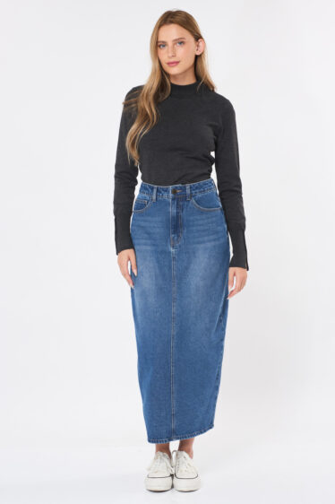 חצאית ג'ינס מקסי שליץ אחורי - כחול