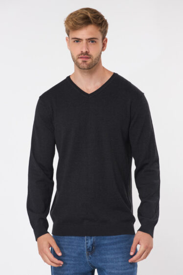 סריג בייסיק צווארון וי - פחם כהה