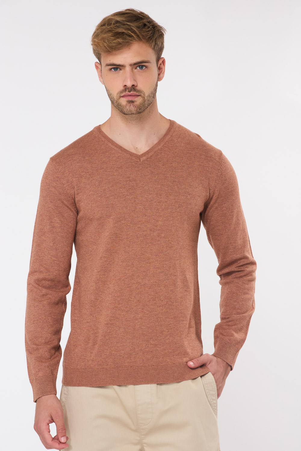 סריג בייסיק צווארון וי – כתום מלנש zip 12 סריג בייסיק צווארון וי - כתום מלנש