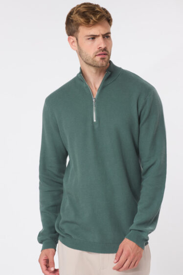 סריג קל סריגת ואפל צווארון רוכסן - ירוק