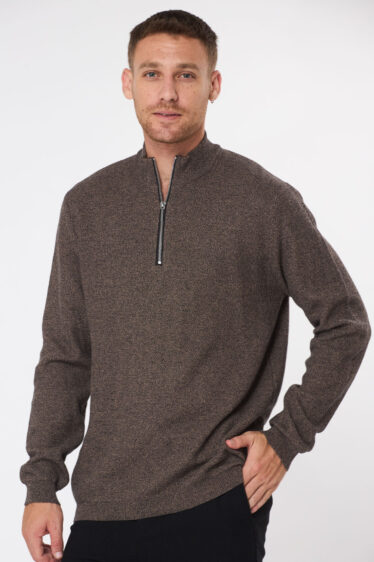 סריג קל סריגת ואפל צווארון רוכסן - חום מיקס