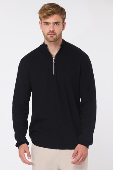 סריג קל סריגת ואפל צווארון רוכסן - שחור