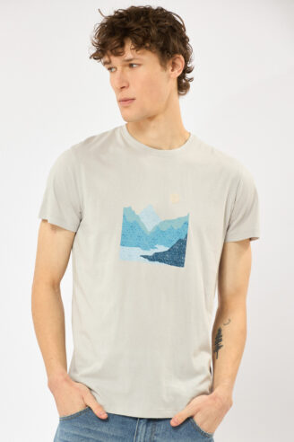 חולצת טי הדפס הרים איורי - אפור בהיר
