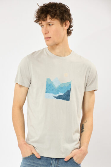 חולצת טי הדפס הרים איורי - אפור בהיר