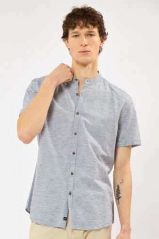 חולצה מכופתרת בשילוב פשתן צווארון סיני - לבן