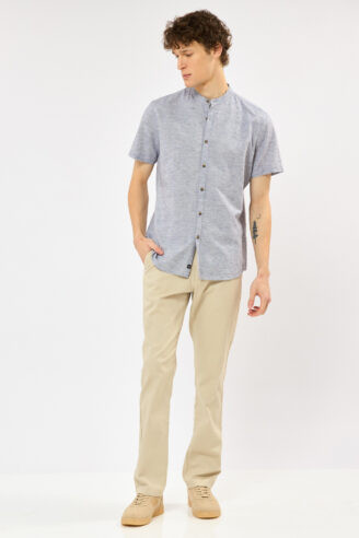 חולצה מכופתרת בשילוב פשתן צווארון סיני - לבן