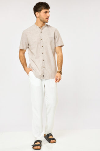 חולצה מכופתרת בשילוב פשתן צווארון סיני - אופוויט חולצה מכופתרת בשילוב פשתן צווארון סיני - אופוויט