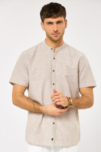 חולצה מכופתרת בשילוב פשתן צווארון סיני - אופוויט