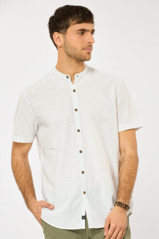 חולצה מכופתרת בשילוב פשתן צווארון סיני - לבן