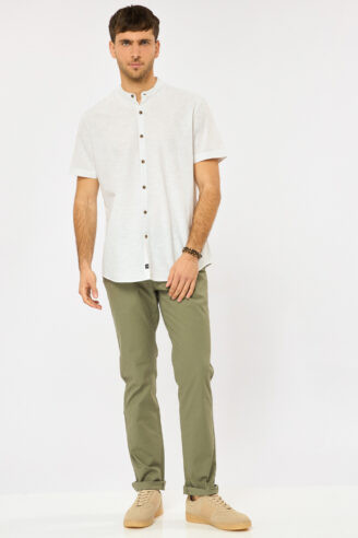 חולצה מכופתרת בשילוב פשתן צווארון סיני - לבן