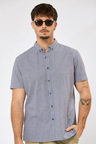 חולצה מכופתרת טקסטורה בשילוב פשתן - כחול בהיר