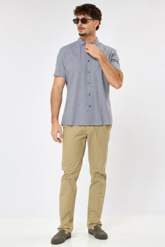 חולצה מכופתרת טקסטורה בשילוב פשתן - כחול בהיר