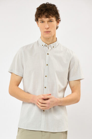 חולצה מכופתרת טקסטורה בשילוב פשתן - אפור בהיר