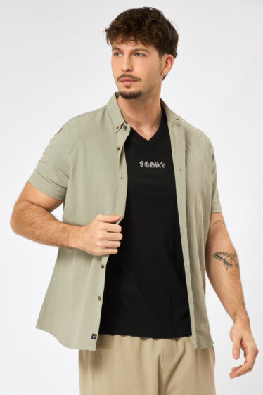 חולצה מכופתרת ג'קארד טבעי - זית אפרפר