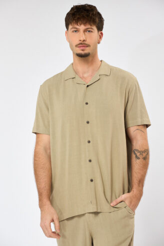 חולצה מכופתרת בשילוב פשתן בד נשפך - אופוויט - חום בהיר