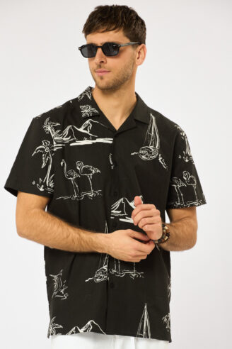 חולצה מכופתרת הדפס איורי - שחור