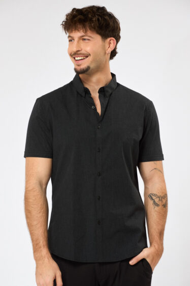 חולצה מכופתרת טקסטורת גריד - שחור