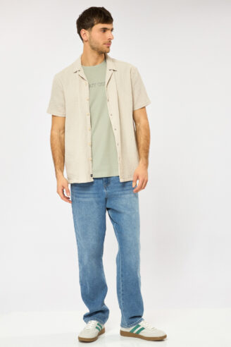 חולצה מכופתרת טקסטורת קמטים - אבן