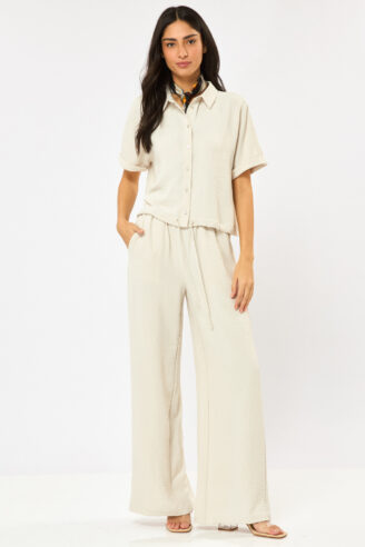 חולצה מכופתרת עם שרוך קשירה - אבן