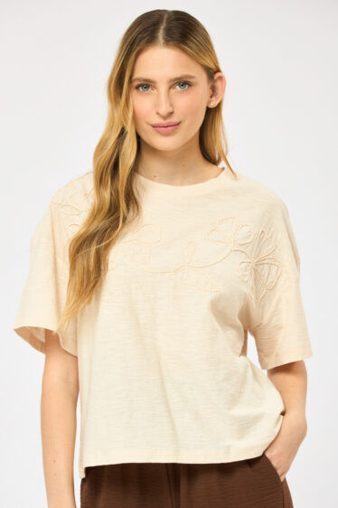 חולצת טי עם רקמה קדמית - אבן