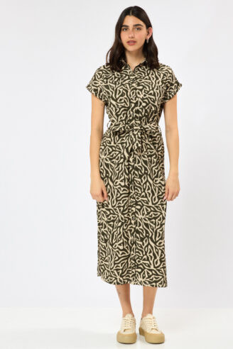 שמלת סריג מודפסת עם חגורת קשירה