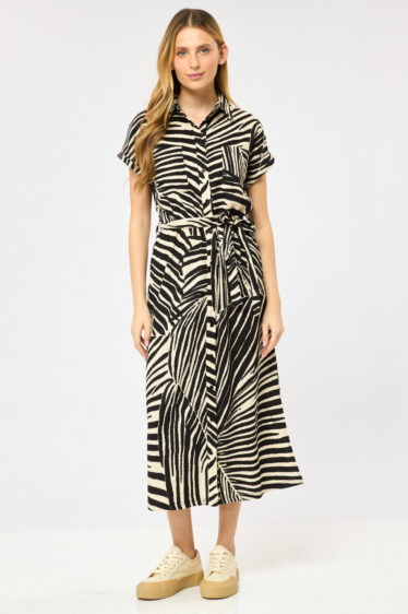 שמלת סריג מודפסת עם חגורת קשירה