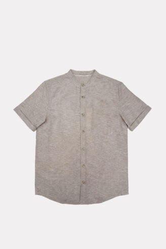 חולצת ילדים במראה פשתן צווארון סיני - בז'