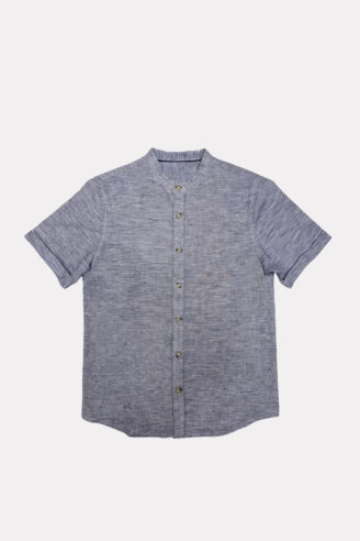 חולצת ילדים במראה פשתן צווארון סיני - כחול בהיר