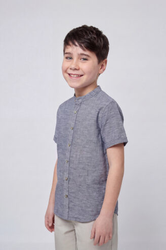 חולצת ילדים במראה פשתן צווארון סיני - כחול בהיר