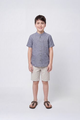 חולצת ילדים במראה פשתן צווארון סיני - כחול בהיר